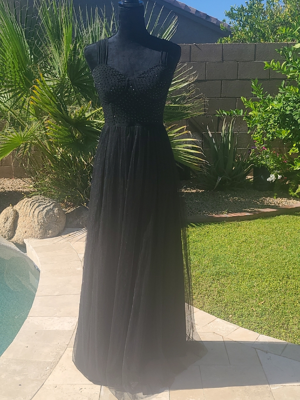 Elegant Black Beaded Tulle Evening Dress Size M/L